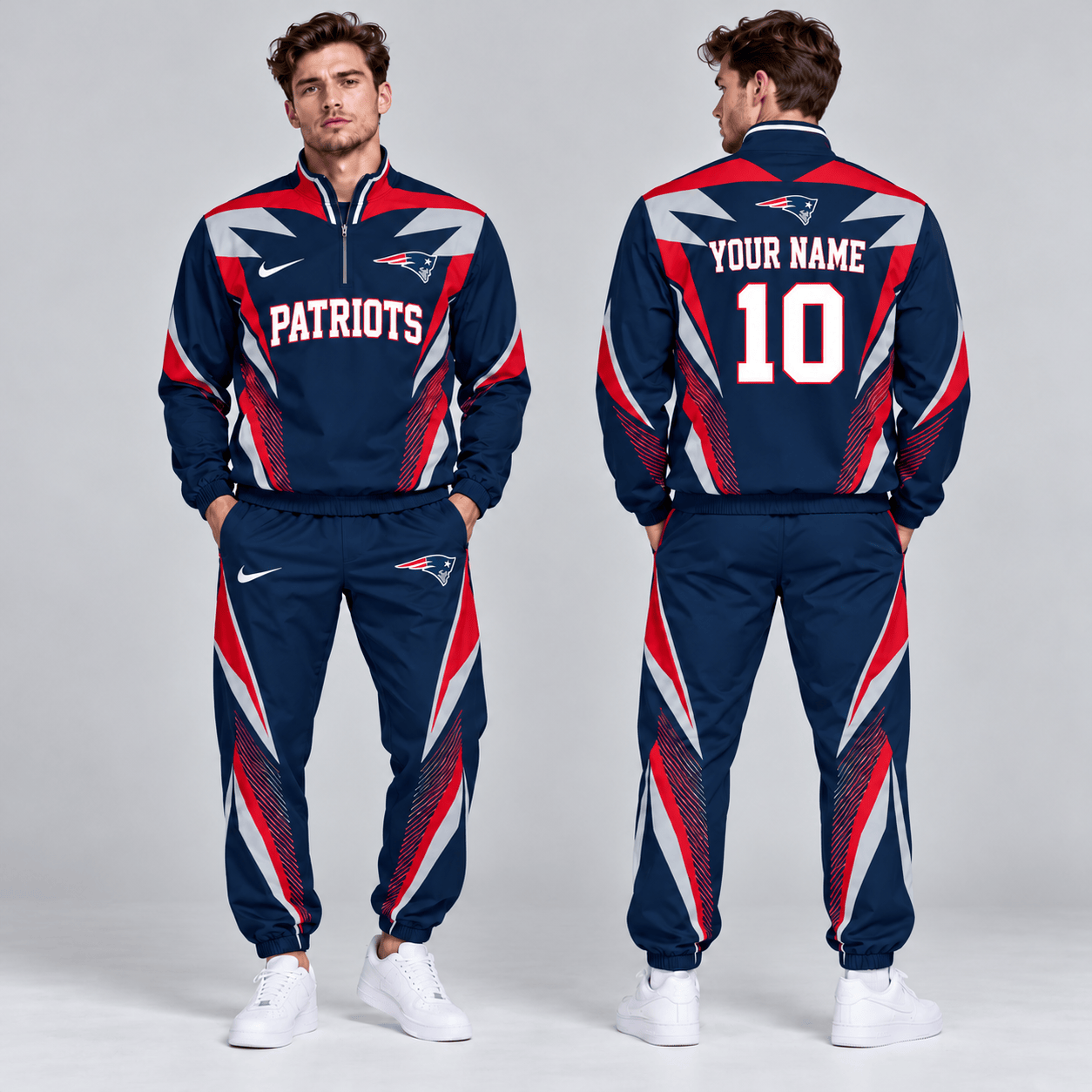New England Patriots | Premium NFL Custom Name Number Lightning Strike Graphic Quarter Zip Pullover Jacket And Matching Jogger Pants Tracksuit Set NDN cover