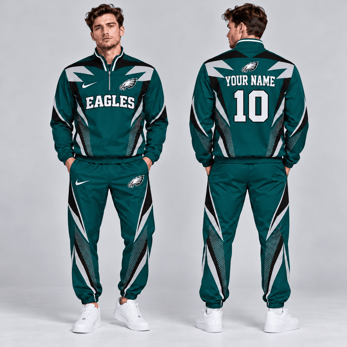 Philadelphia Eagles | Premium NFL Custom Name Number Lightning Strike Graphic Quarter Zip Pullover Jacket And Matching Jogger Pants Tracksuit Set NDN cover