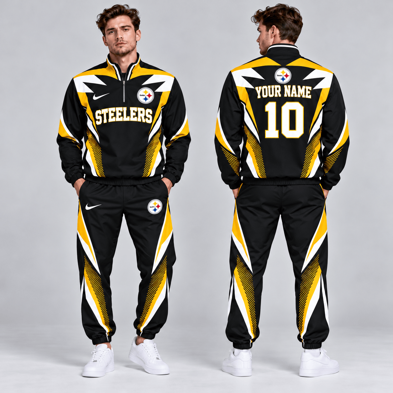 Pittsburgh Steelers | Premium NFL Custom Name Number Lightning Strike Graphic Quarter Zip Pullover Jacket And Matching Jogger Pants Tracksuit Set NDN cover