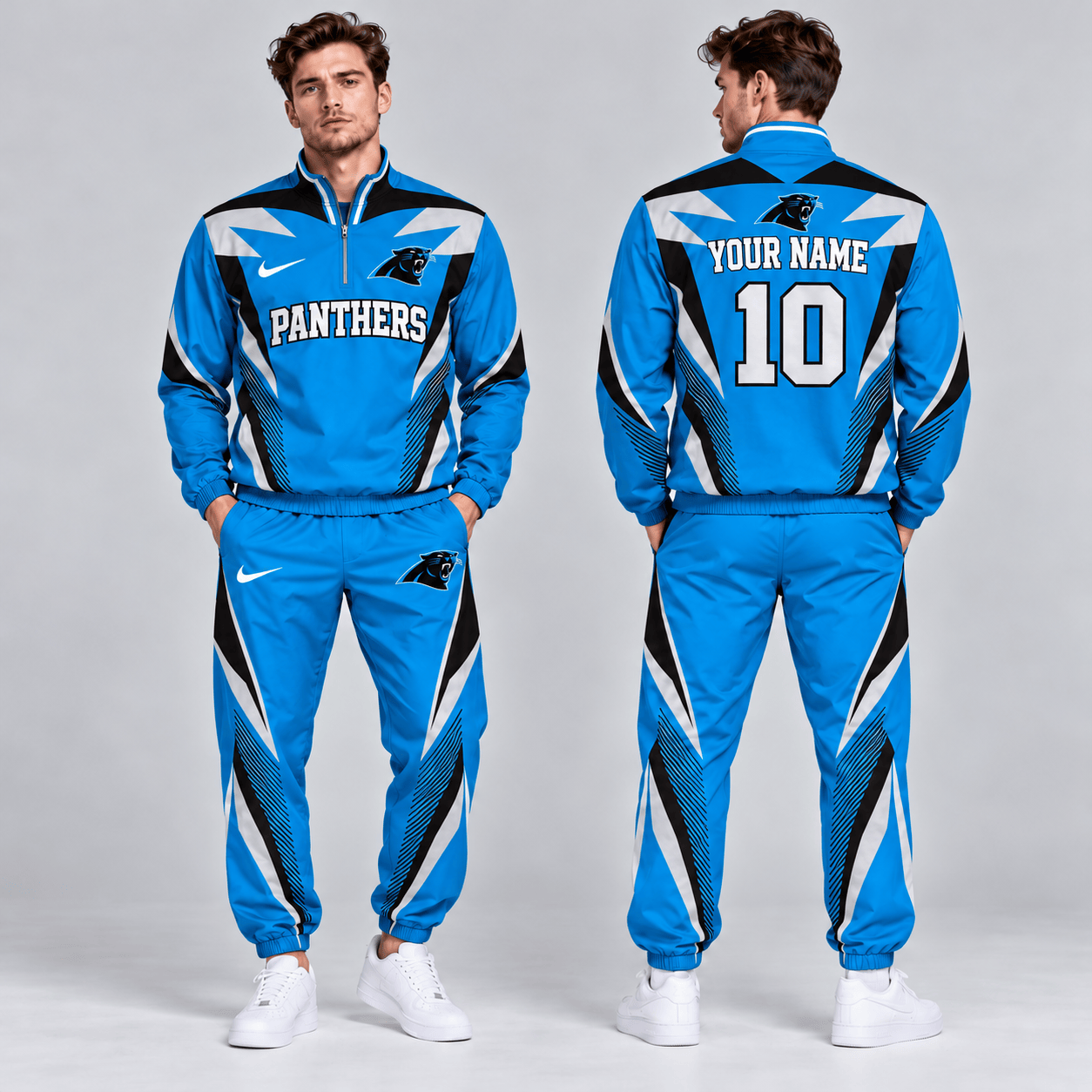 Carolina Panthers | Premium NFL Custom Name Number Lightning Strike Graphic Quarter Zip Pullover Jacket And Matching Jogger Pants Tracksuit Set NDN cover