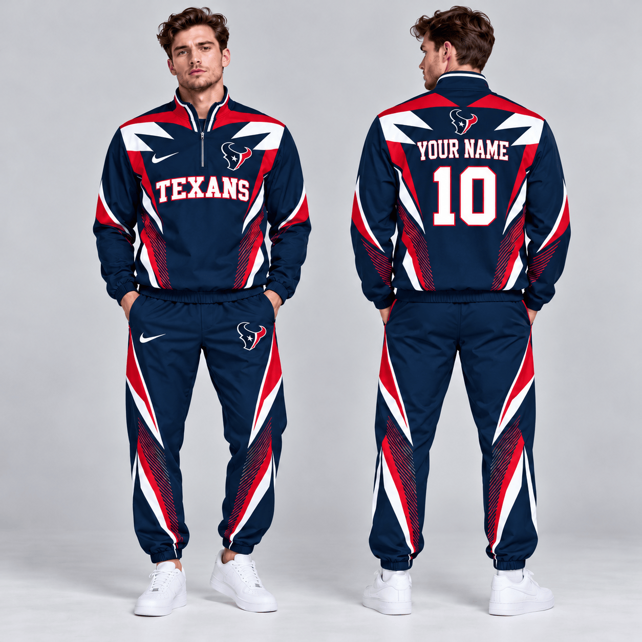 Houston Texans | Premium NFL Custom Name Number Lightning Strike Graphic Quarter Zip Pullover Jacket And Matching Jogger Pants Tracksuit Set NDN cover