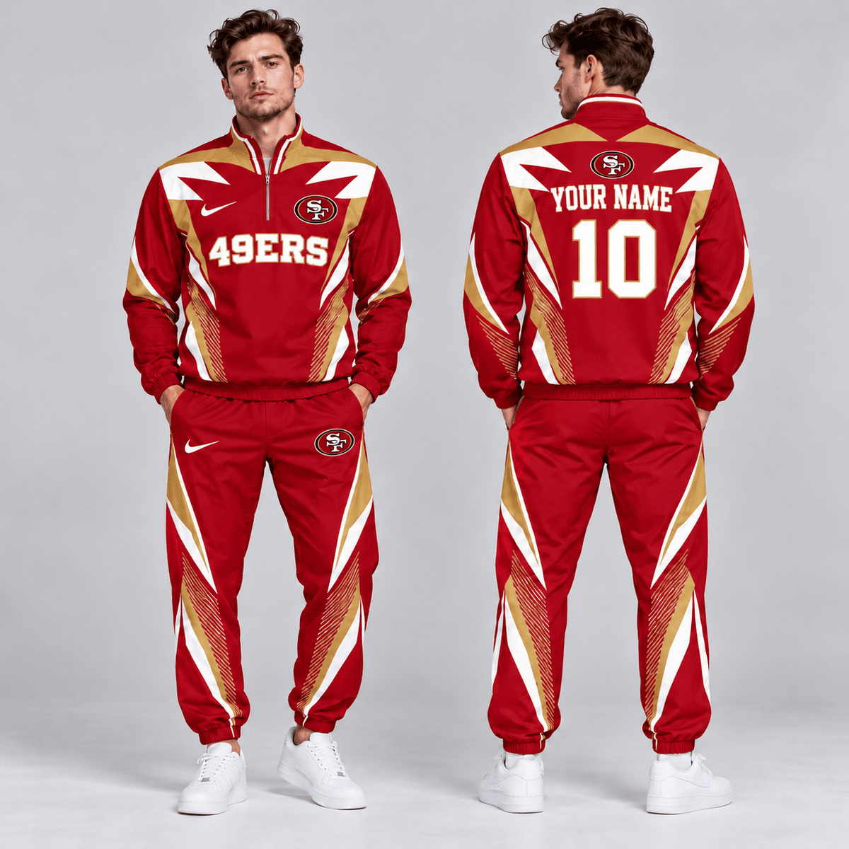 San Francisco 49ers | Premium NFL Custom Name Number Lightning Strike Graphic Quarter Zip Pullover Jacket And Matching Jogger Pants Tracksuit Set NDN cover