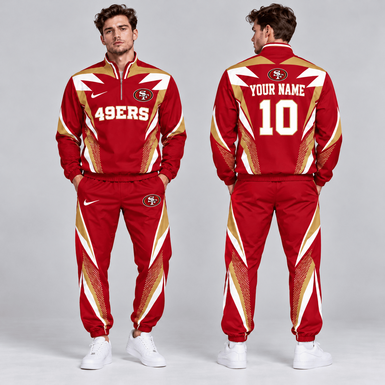 San Francisco 49ers | Premium NFL Custom Name Number Lightning Strike Graphic Quarter Zip Pullover Jacket And Matching Jogger Pants Tracksuit Set NDN cover