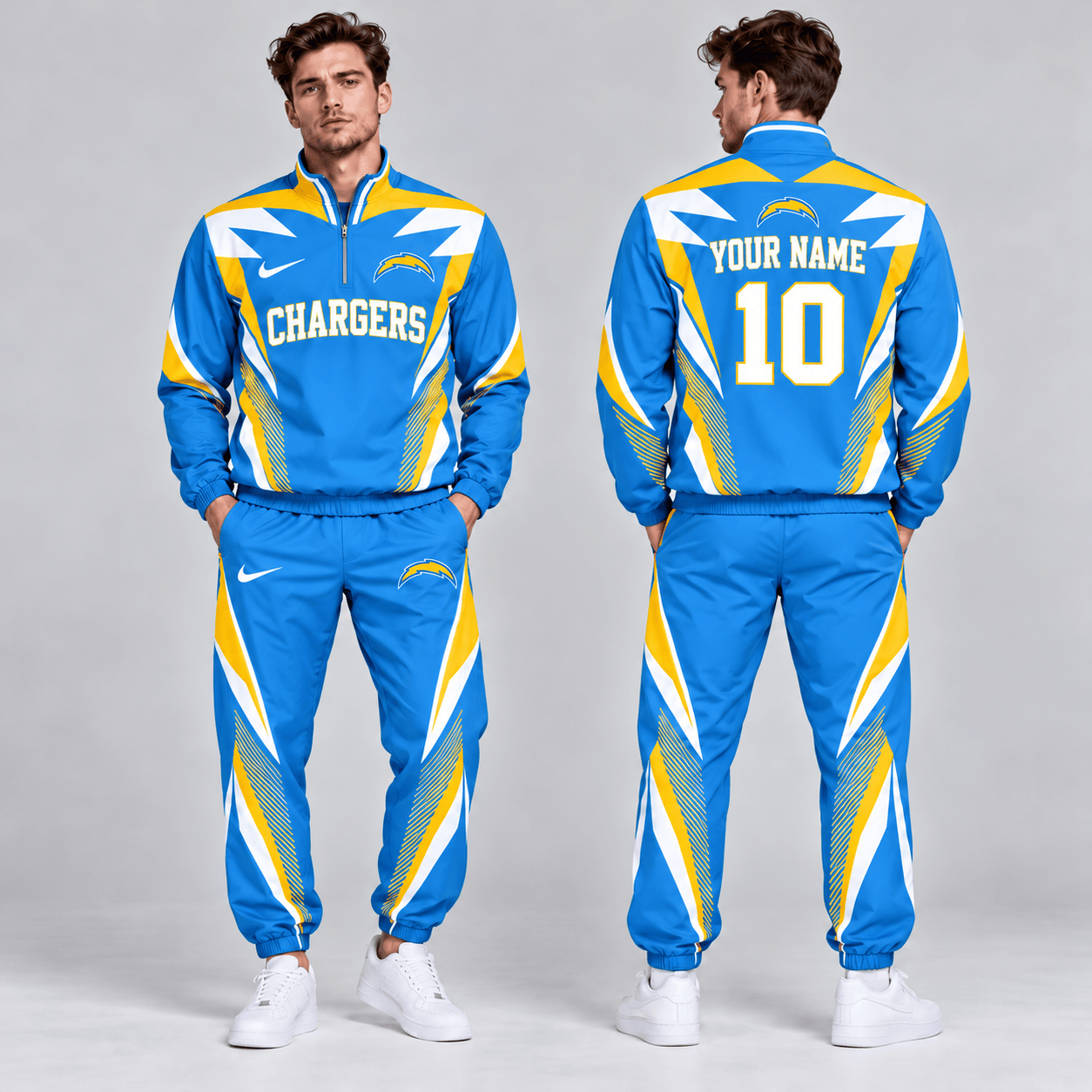 Los Angeles Chargers | Premium NFL Custom Name Number Lightning Strike Graphic Quarter Zip Pullover Jacket And Matching Jogger Pants Tracksuit Set NDN cover