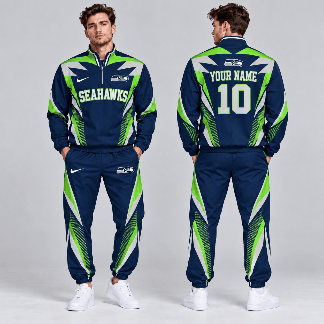 Seattle Seahawks | Premium NFL Custom Name Number Lightning Strike Graphic Quarter Zip Pullover Jacket And Matching Jogger Pants Tracksuit Set NDN cover