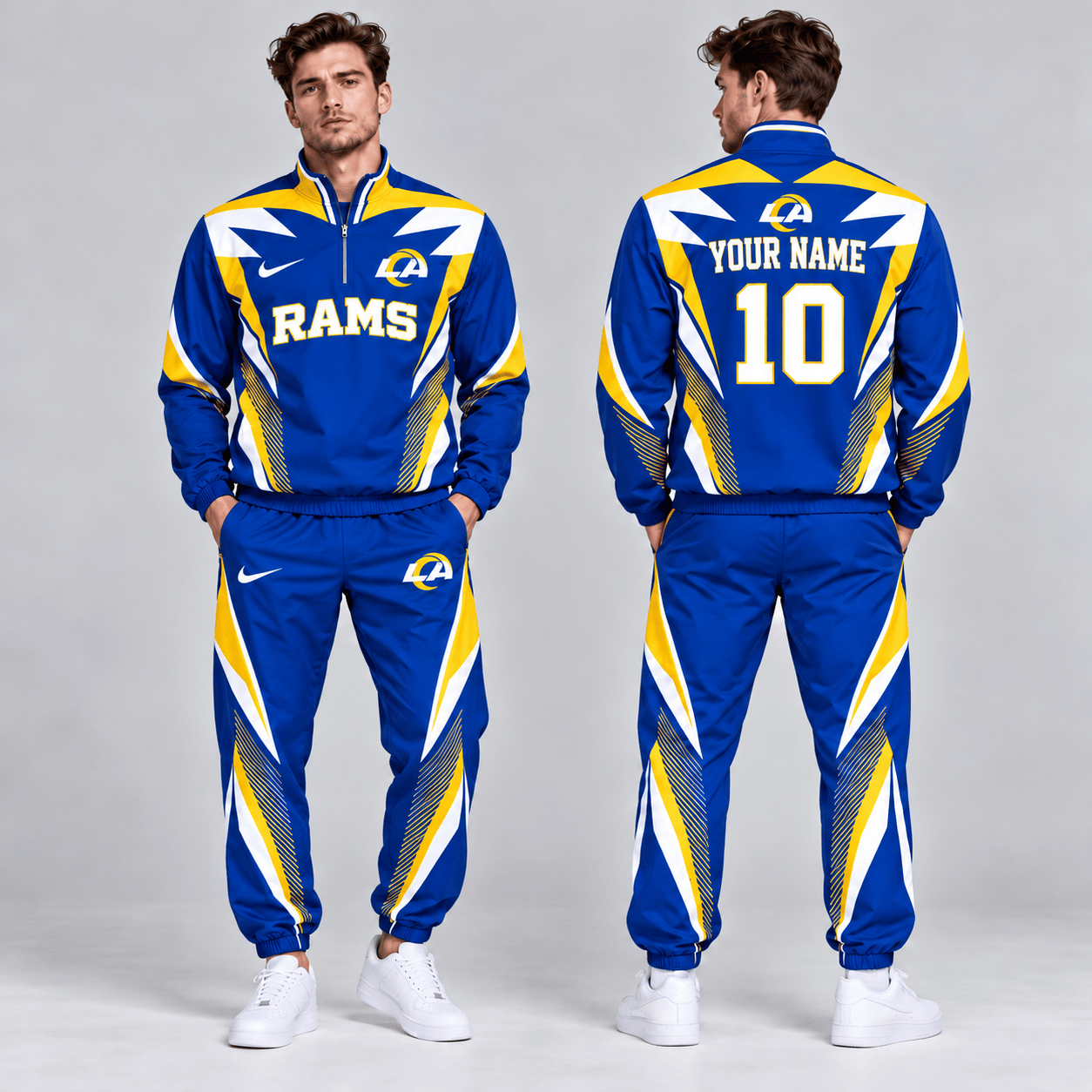 Los Angeles Rams | Premium NFL Custom Name Number Lightning Strike Graphic Quarter Zip Pullover Jacket And Matching Jogger Pants Tracksuit Set NDN cover