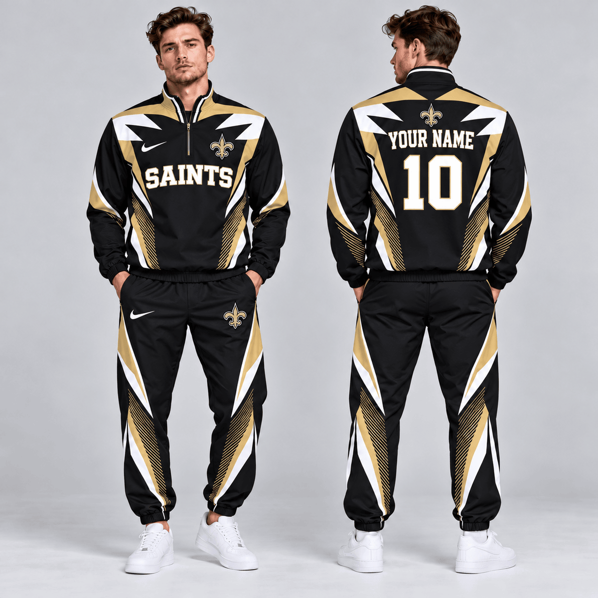 New Orleans Saints | Premium NFL Custom Name Number Lightning Strike Graphic Quarter Zip Pullover Jacket And Matching Jogger Pants Tracksuit Set NDN cover