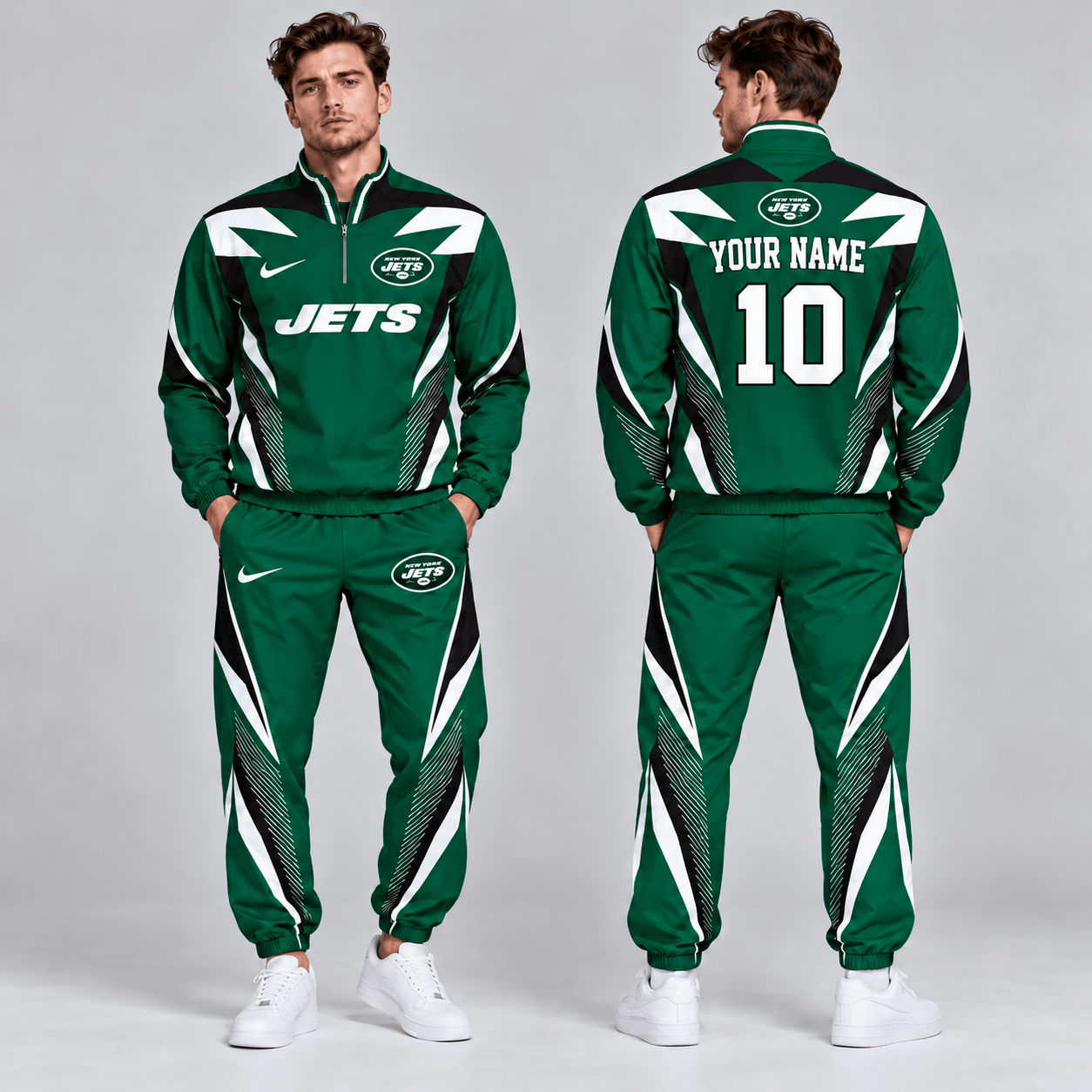 New York Jets | Premium NFL Custom Name Number Lightning Strike Graphic Quarter Zip Pullover Jacket And Matching Jogger Pants Tracksuit Set NDN cover