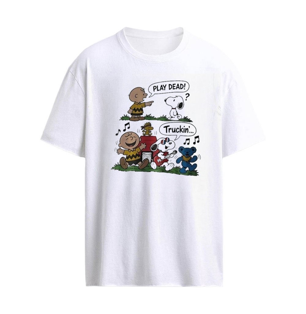 Snoopy and Charlie Brown Play Dead Truckin’ Grateful Dead Mashup Graphic T-shirt