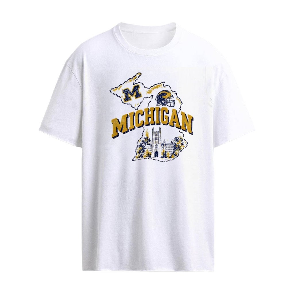 Michigan Wolverines NCAA map football helmet building shirt