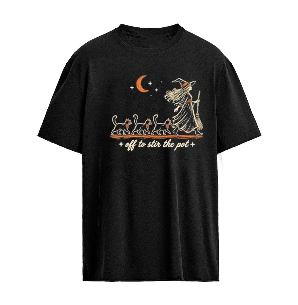 Off To Stir The Pot Witch Black Cat Halloween Spooky T-Shirt