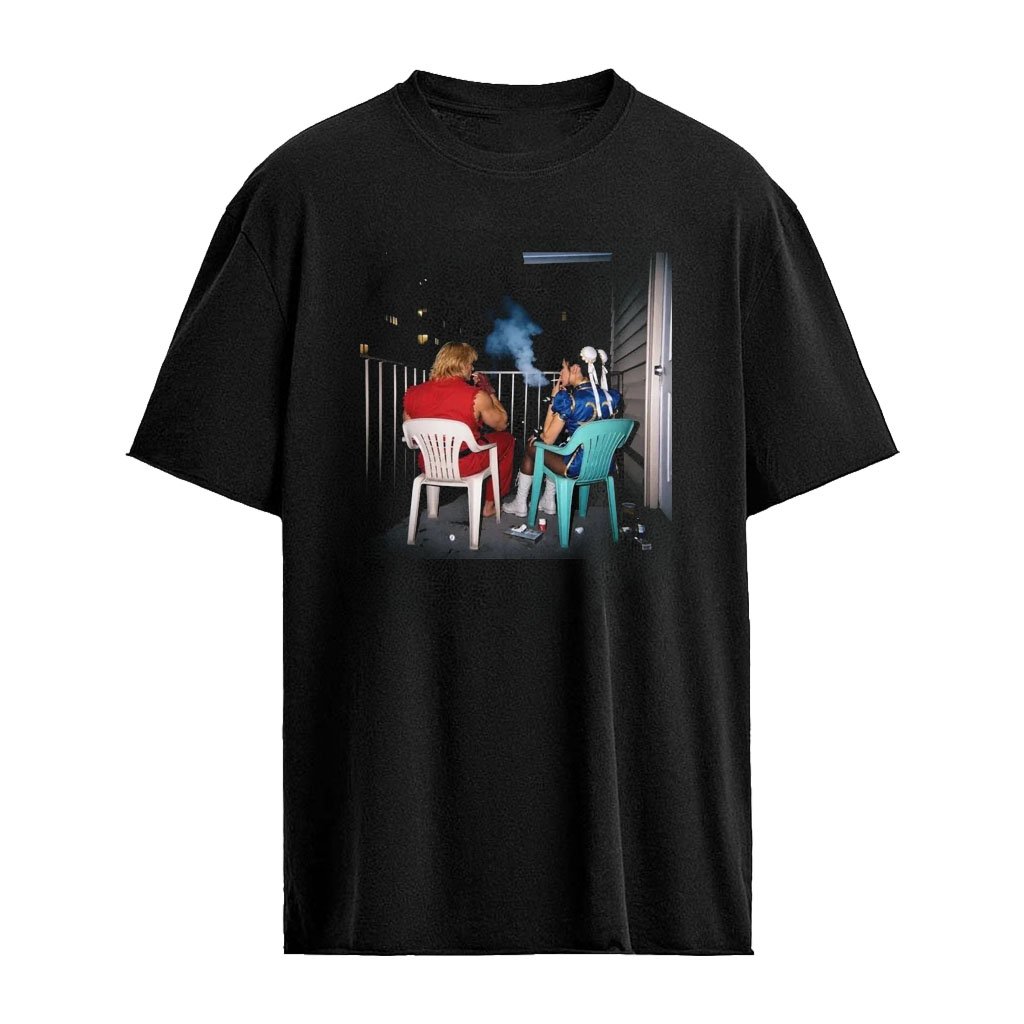 Street Fighter Ken and Chun-Li Smoking on Balcony T-Shirt