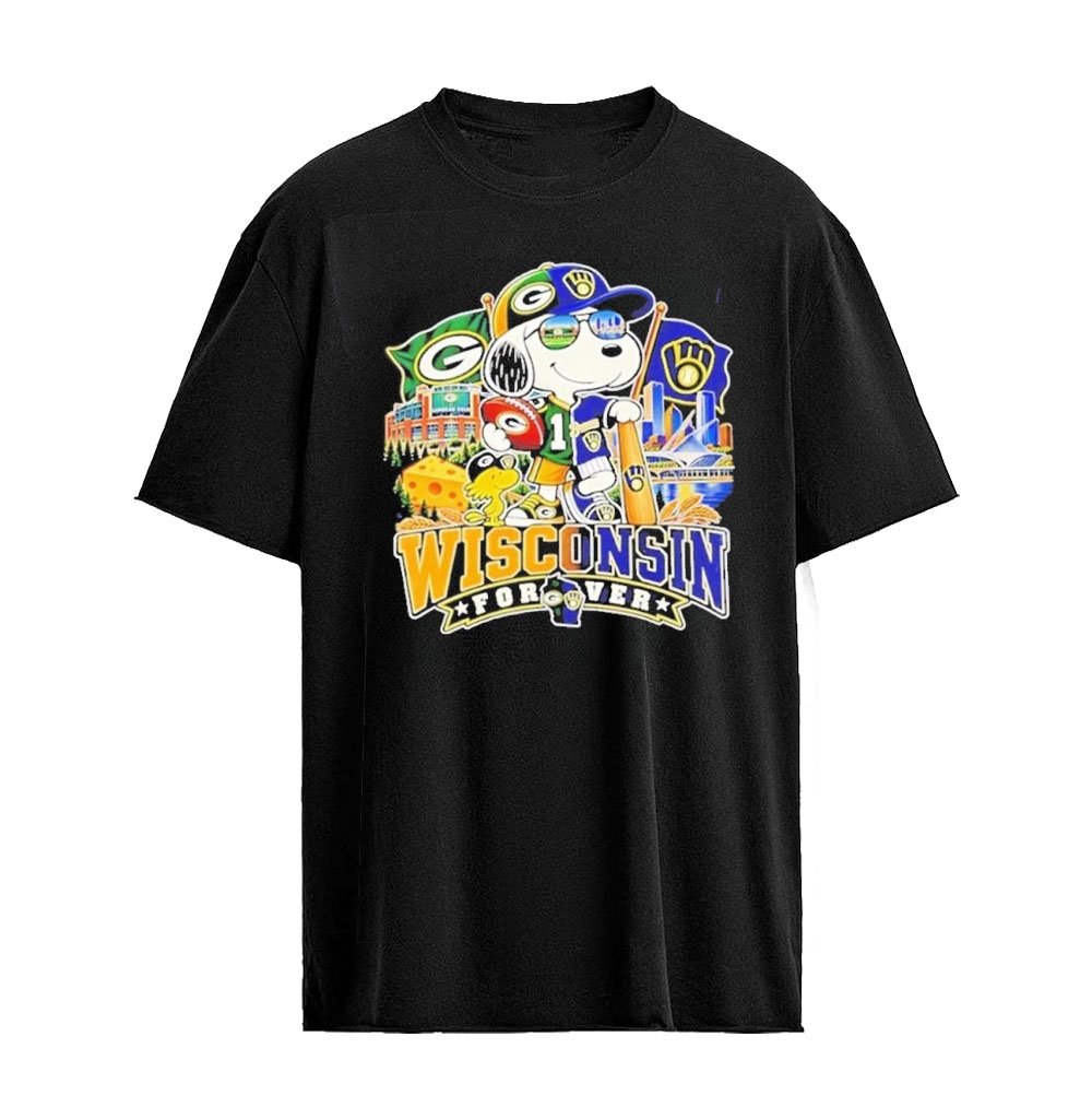 Snoopy Wisconsin Forever Green Bay Packers and Milwaukee Brewers City Skyline Mashup Logo T-Shirt