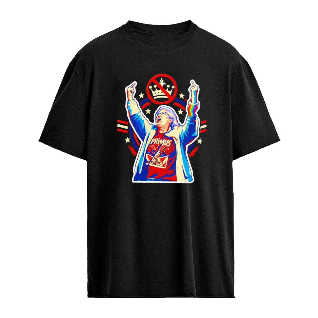 Primus No Kings woman raising middle fingers crown shirt
