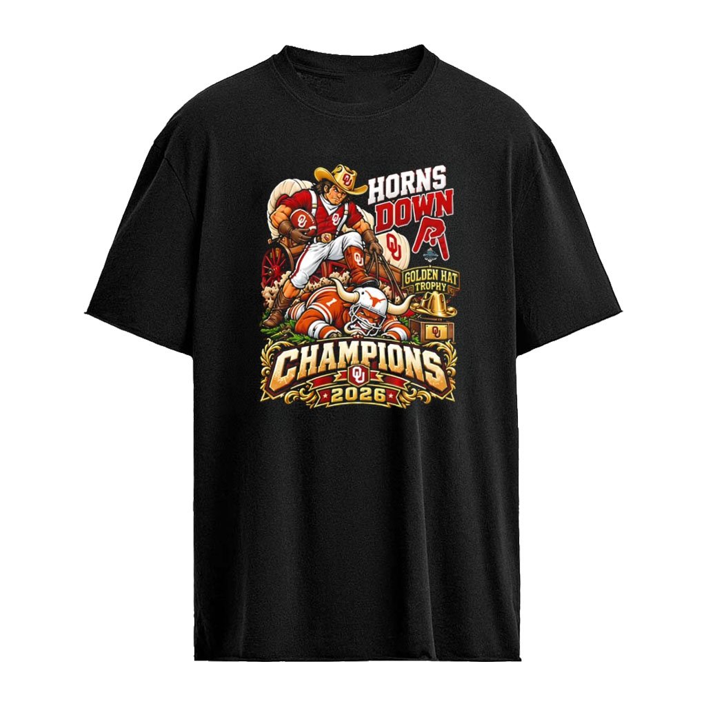 Oklahoma Sooners NCAA Horns Down 2026 Cowboy mascot standing over Lnghorn mascot shirt