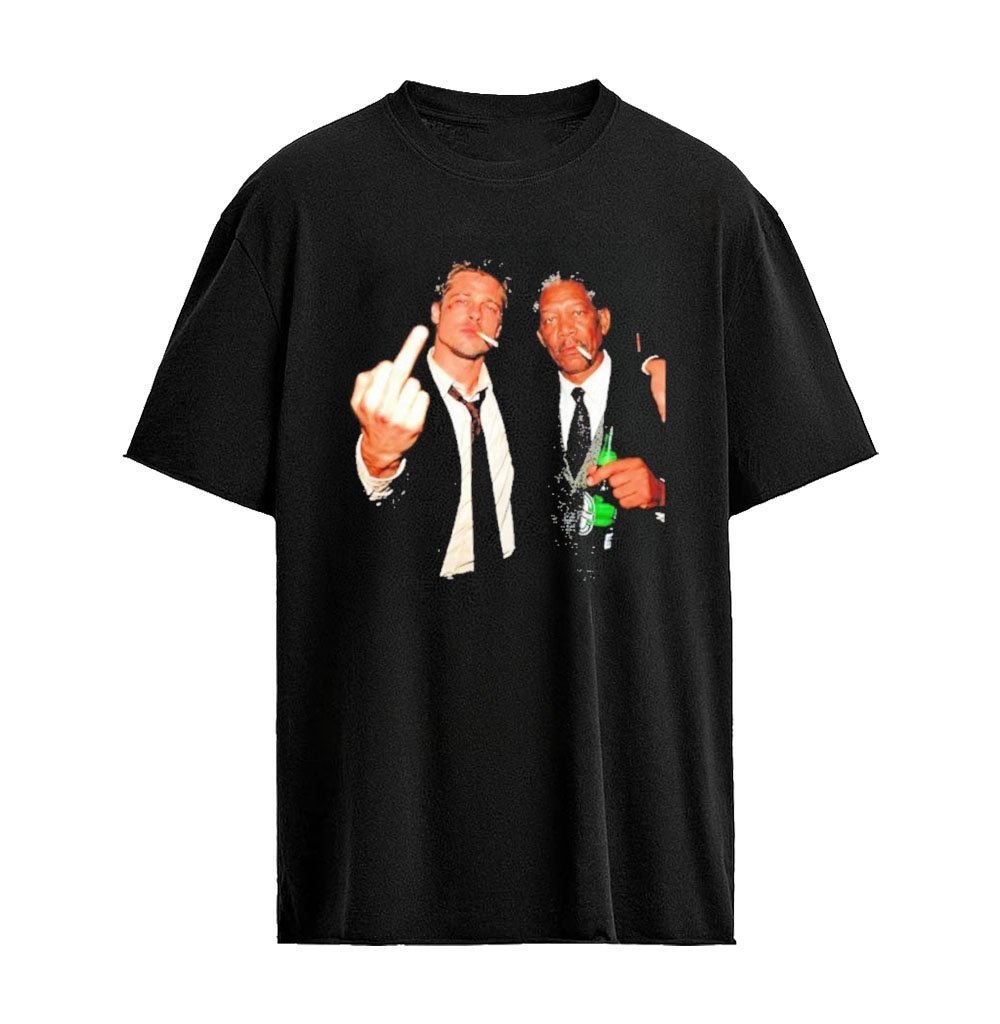 Brad Pitt And Morgan Freeman Middle Finger Beer And Smoking Graphic T-shirt