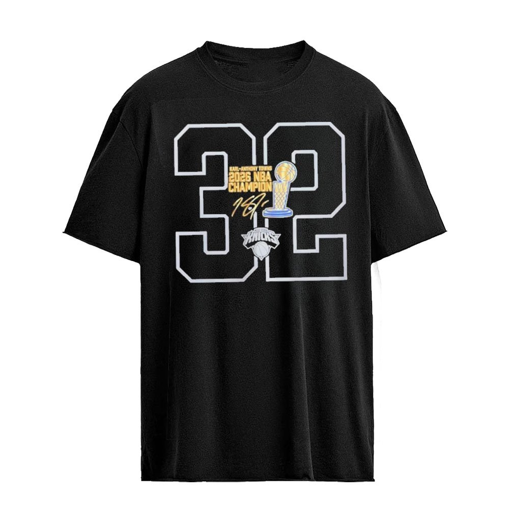 Karl-Anthony Towns 32 New York Knicks 2026 NBA Champions Trophy Signature Graphic T-S