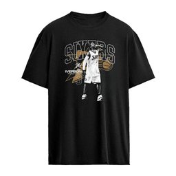 Allen Iverson Philadelphia 76ers NBA 3 basketball player celebrating fist pump shirt