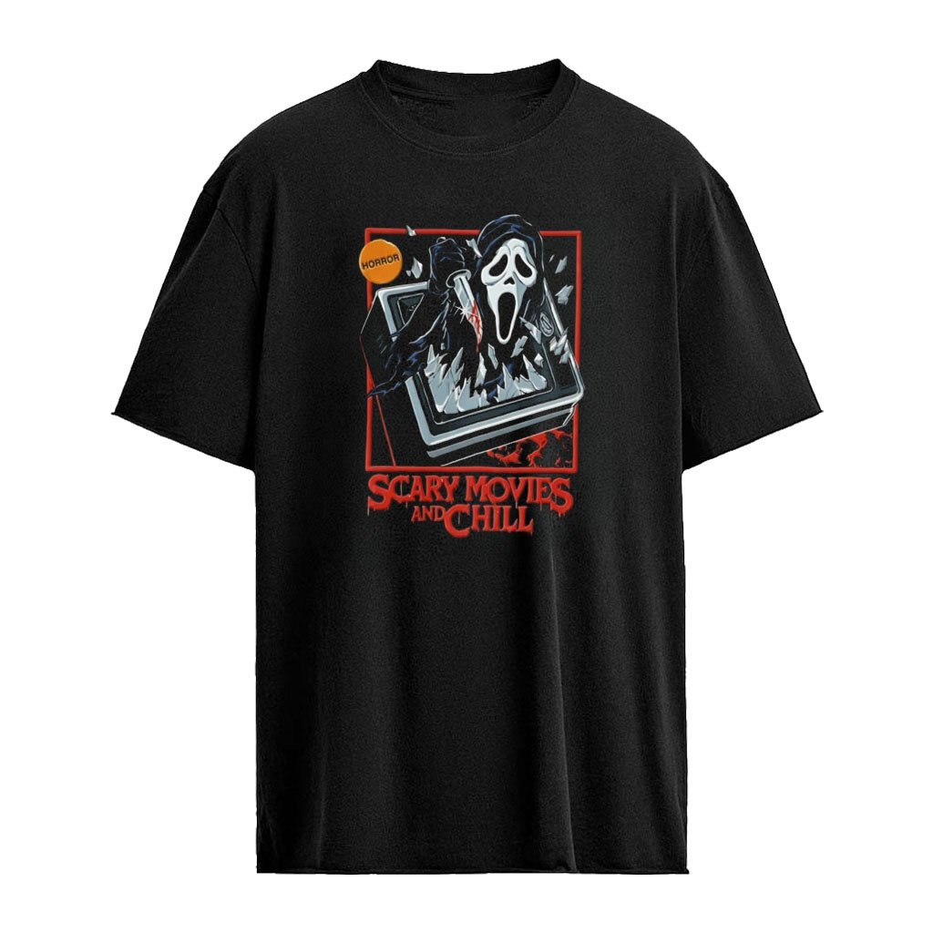 Ghostface Scary Movies and Chill holding knife shirt
