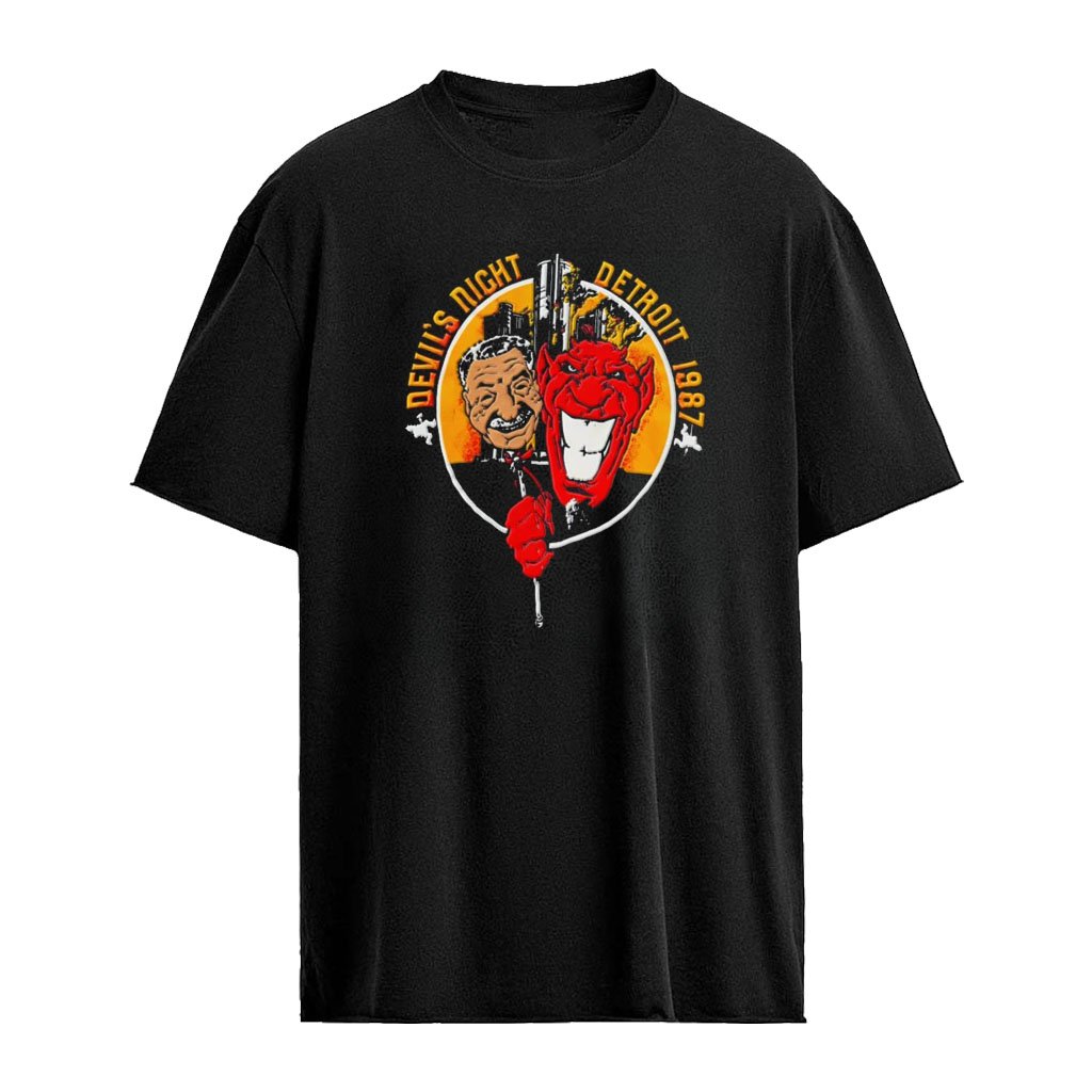 Devils Night 1987 Detroit man and red devil cartoon skyline shirt