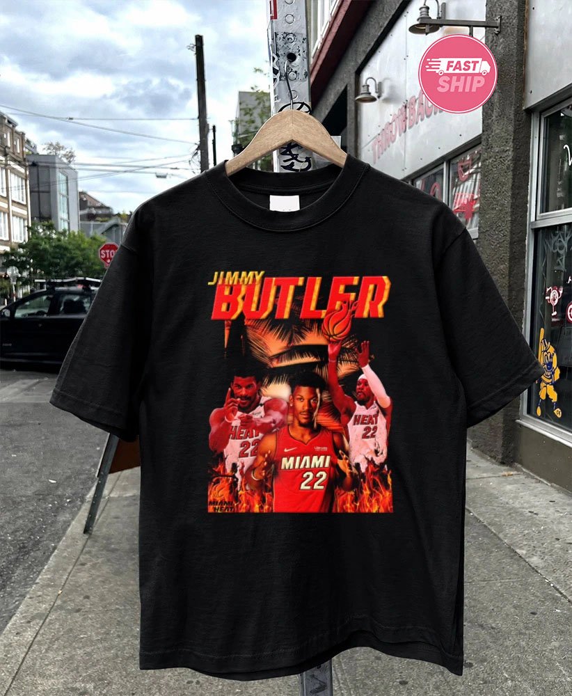 Jimmy Butler Miami Heat NBA 22 three Jimmy Butler portraits basketball palm trees fire shirt