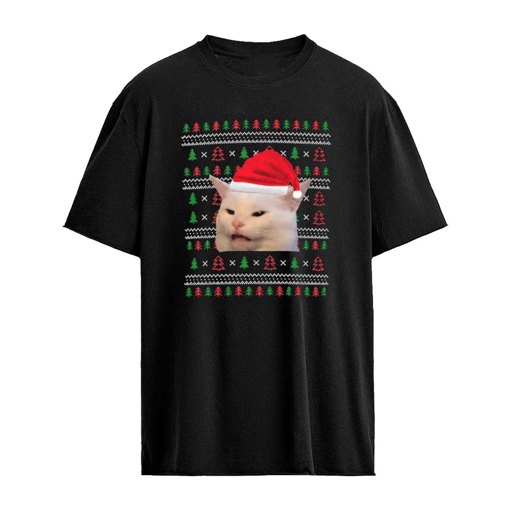Santa Hat Cat Meme Black Ugly Christmas T-Shirt