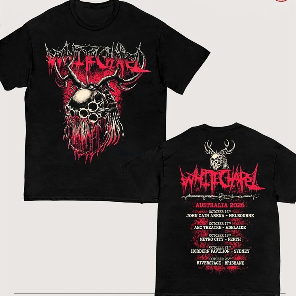 Whitechapel Australia 2026 Tour Merch Bloody Mask With Dates T-Shirt