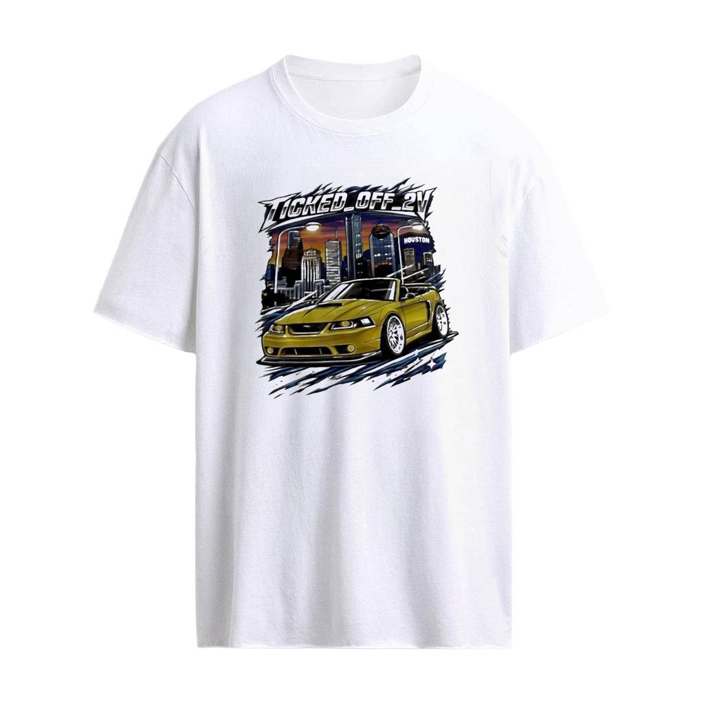 Ticked OFF 2V yellow ford mustang convertible houston skyline shirt