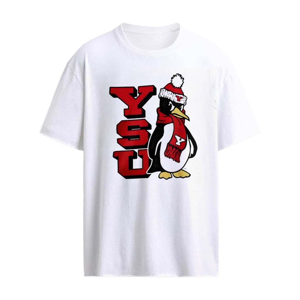 Youngstown State University NCAA penguin wearing winter hat scarf shirt