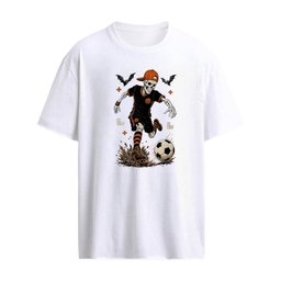 skeleton playing soccer orange hat bats pumpkin logos mud splatter shirt