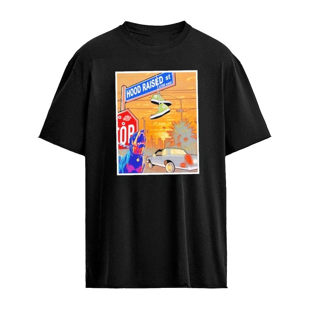 Hood Raised High Roller Street Sign and Rottweiler Urban Art Photo T-shirt