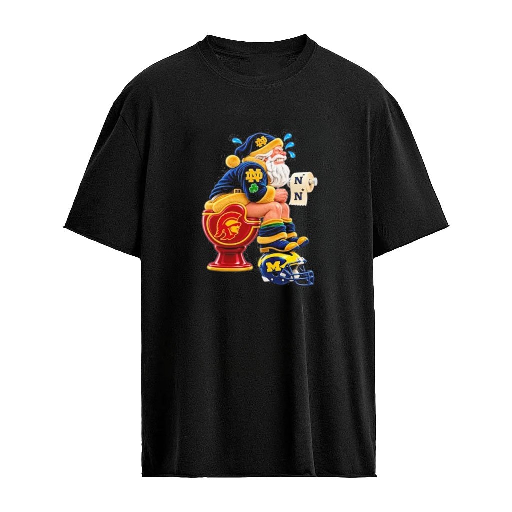Notre Dame Santa Claus On Usc Toilet With Michigan Santa Christmas Football Fan Graphic T-shirt
