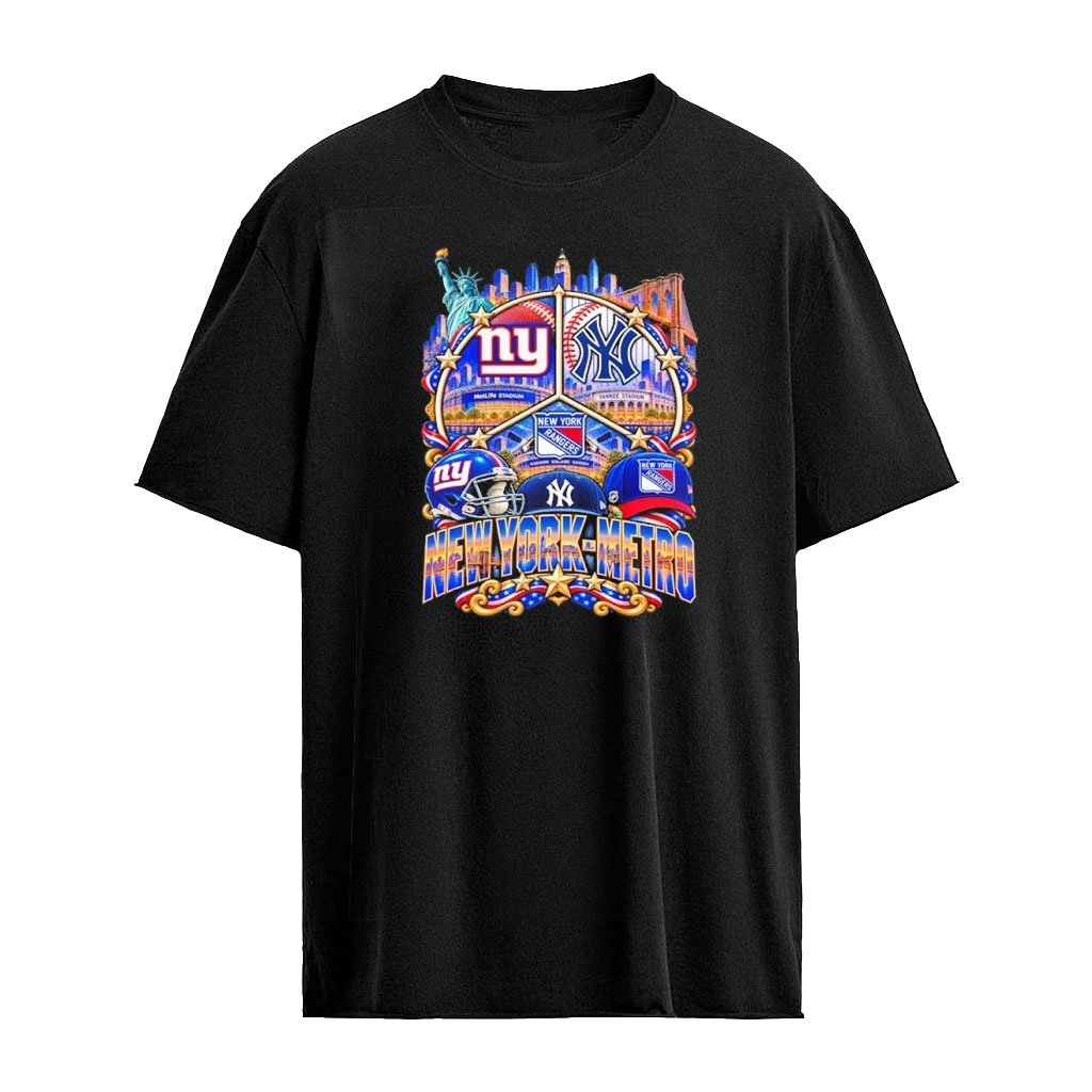 New York Giants New York Yankees New York Rangers Stadiums Logo Metro Skyline T-Shirt