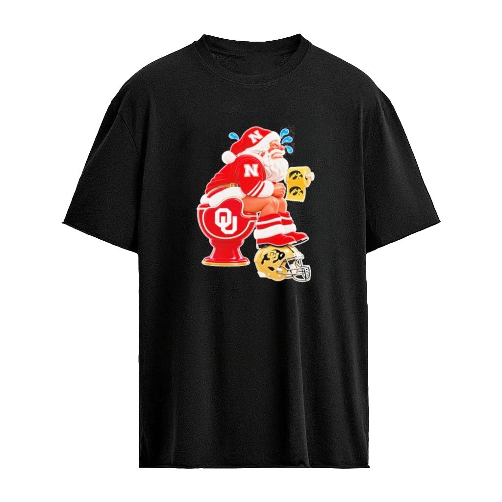 Nebraska Santa on Oklahoma Toilet with Iowa Toilet Paper and Colorado Helmet Football T-Shirt