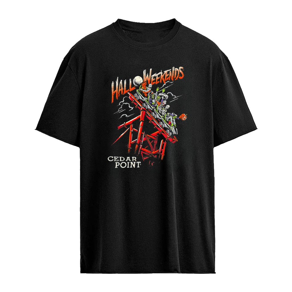 Cedar Point Halloween Halloweekends monsters riding roller coaster cartoon style shirt