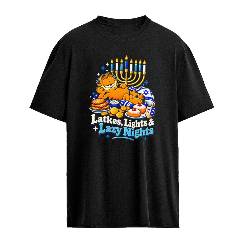 Cat Latkes lights and lazy nights Hanukkah menorah shirt