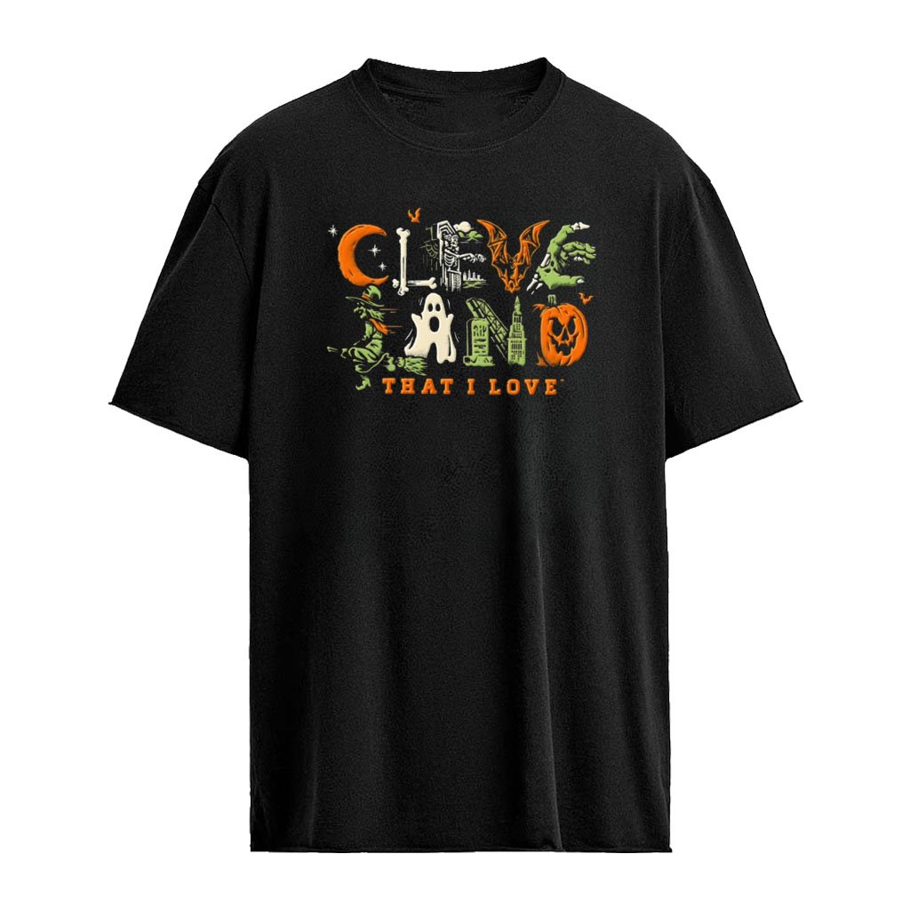 Cleve Land That I Love Halloween icons spelling Cleveland cityscape shirt