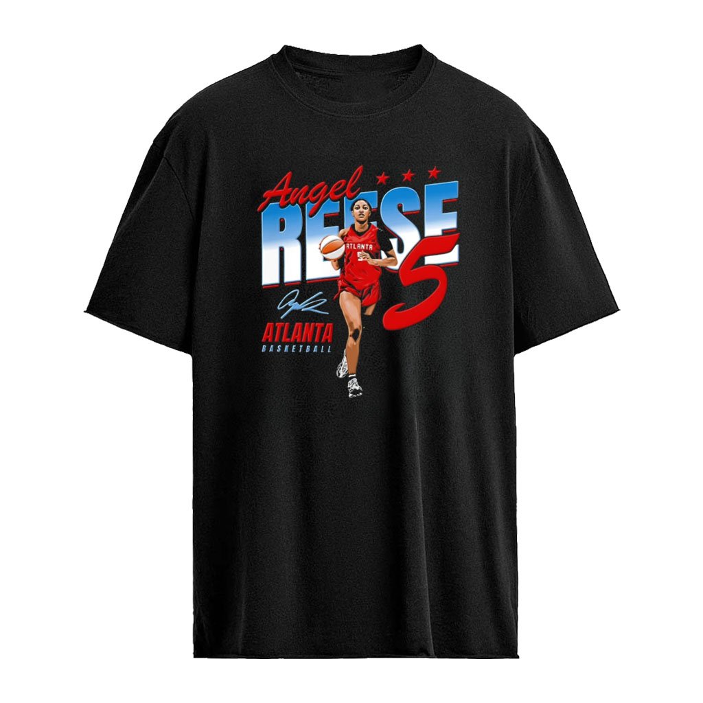 Angel Reese Atlanta Dream WNBA 5 woman dribbling basketball running illustration shirt