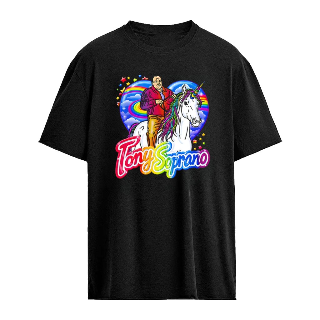 James Gandolfini The Sopranos TV Series man riding unicorn rainbow heart shirt