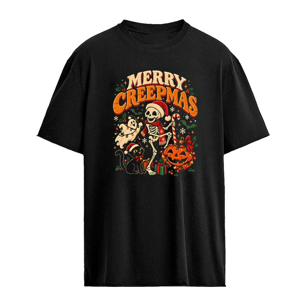 Merry Creepmas Skeleton Santa Black Cat and Pumpkin Ghost Halloween Christmas shirt