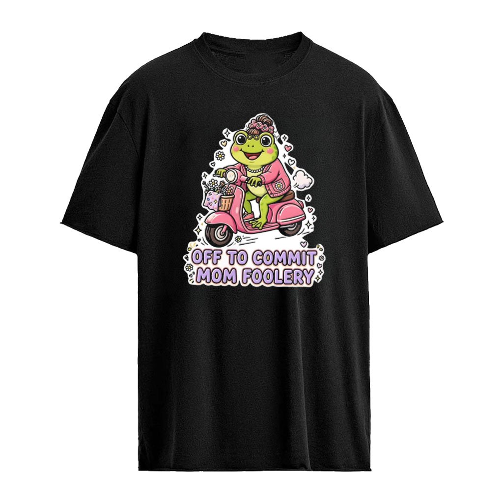 Off to commit Mom foolery frog wearing headband riding scooter shirt