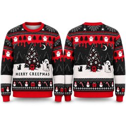 Cat And Ghostly Skull Christmas Tree Merry Creepmas Ugly Christmas Sweater Creepy Cat Clothing Gifts