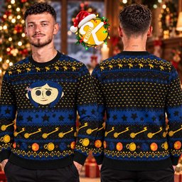 Coraline Button Eyes Holiday Keys Star Ugly Christmas Sweater Fantasy Collectibles Gear Gifts For Dad