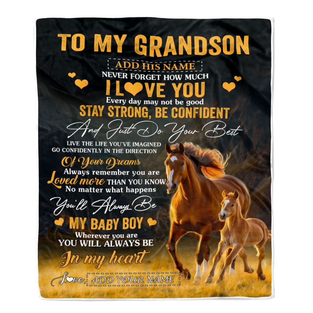 Personalized To My Grandson Gifts From Grandma Grandpa Blanket Horse Never Forget How Much I Love You Grandson Birthday Graduation Christmas Fleece Blanket