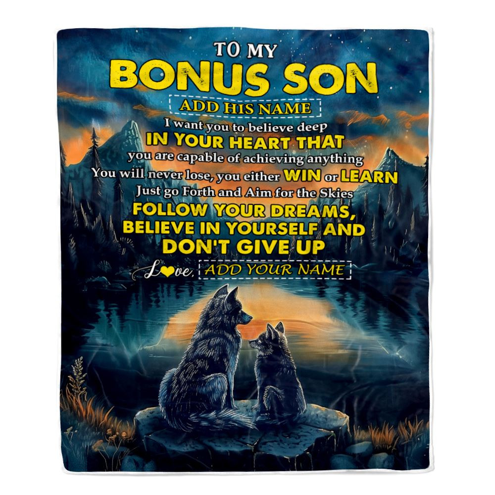 Personalized To My Bonus Son Gifts From Stepmother Stepdad Blanket Don't Give Up Wolf Gifts For Stepson Birthday Graduation Christmas Customized Fleece Blanket