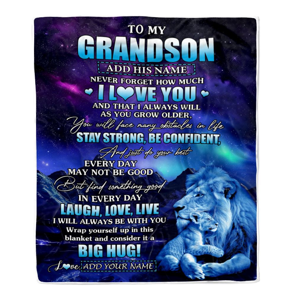 Personalized To My Grandson Gifts From Grandpa Papa Blanket Laught Love Live Lion Great Grandson Birthday Gifts Graduation Christmas Customized Fleece Blanket
