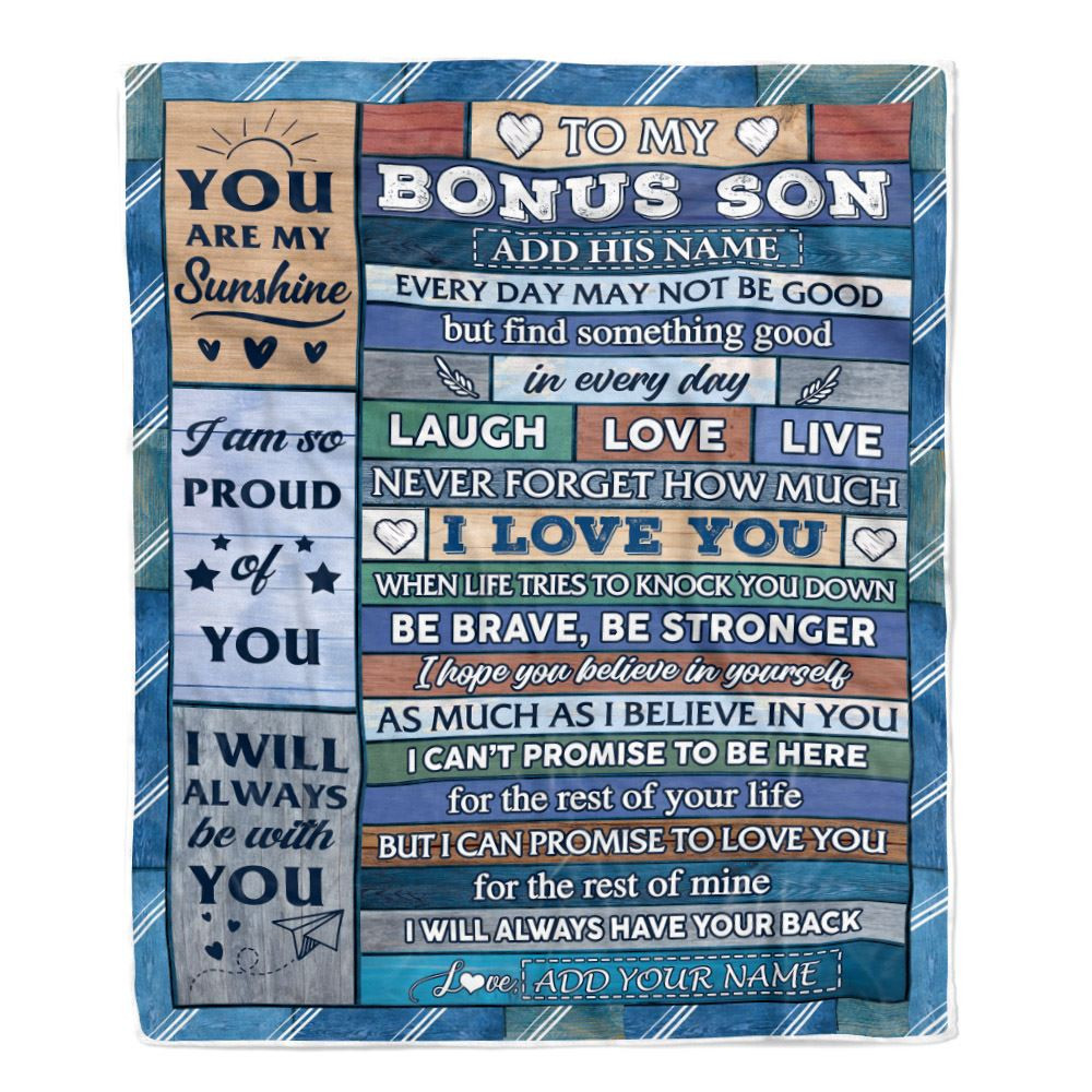 Personalized To My Bonus Son Gifts From Stepmom Stepdad Blanket Wood I Love You Birthday Graduation Gifts For Stepson Christmas Customized Fleece Blanket