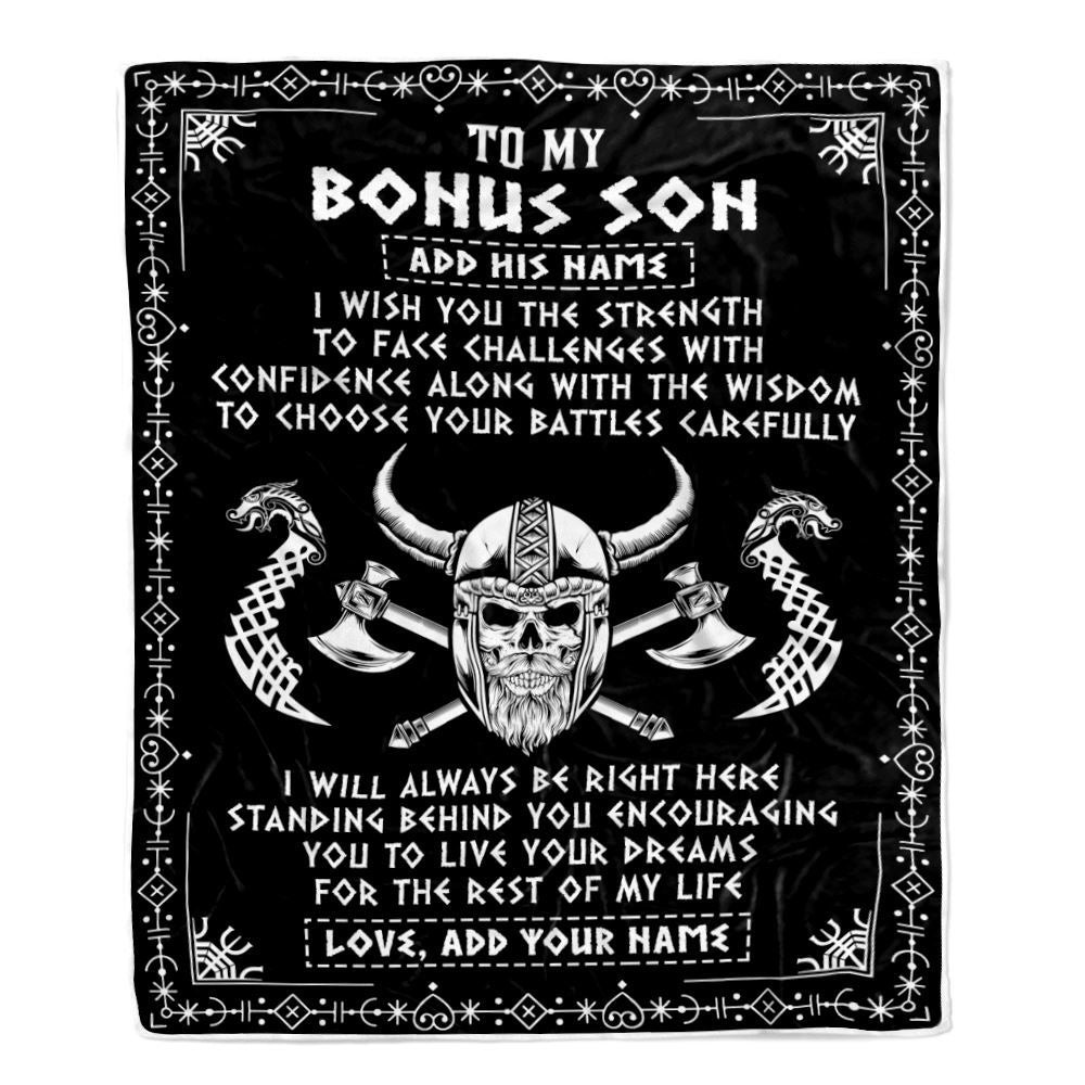 Personalized To My Bonus Son Viking Blanket From Stepmother Stepdad I Wish You The Strength Scandinavian Norse Runes Viking For Men Birthday Fleece Blanket