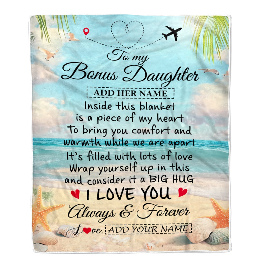 Personalized To My Bonus Daughter Gifts From Stepmother Dad Blanket Beach I Love You Birthday Gifts Graduation For Stepdaughter Christmas Fleece Blanket