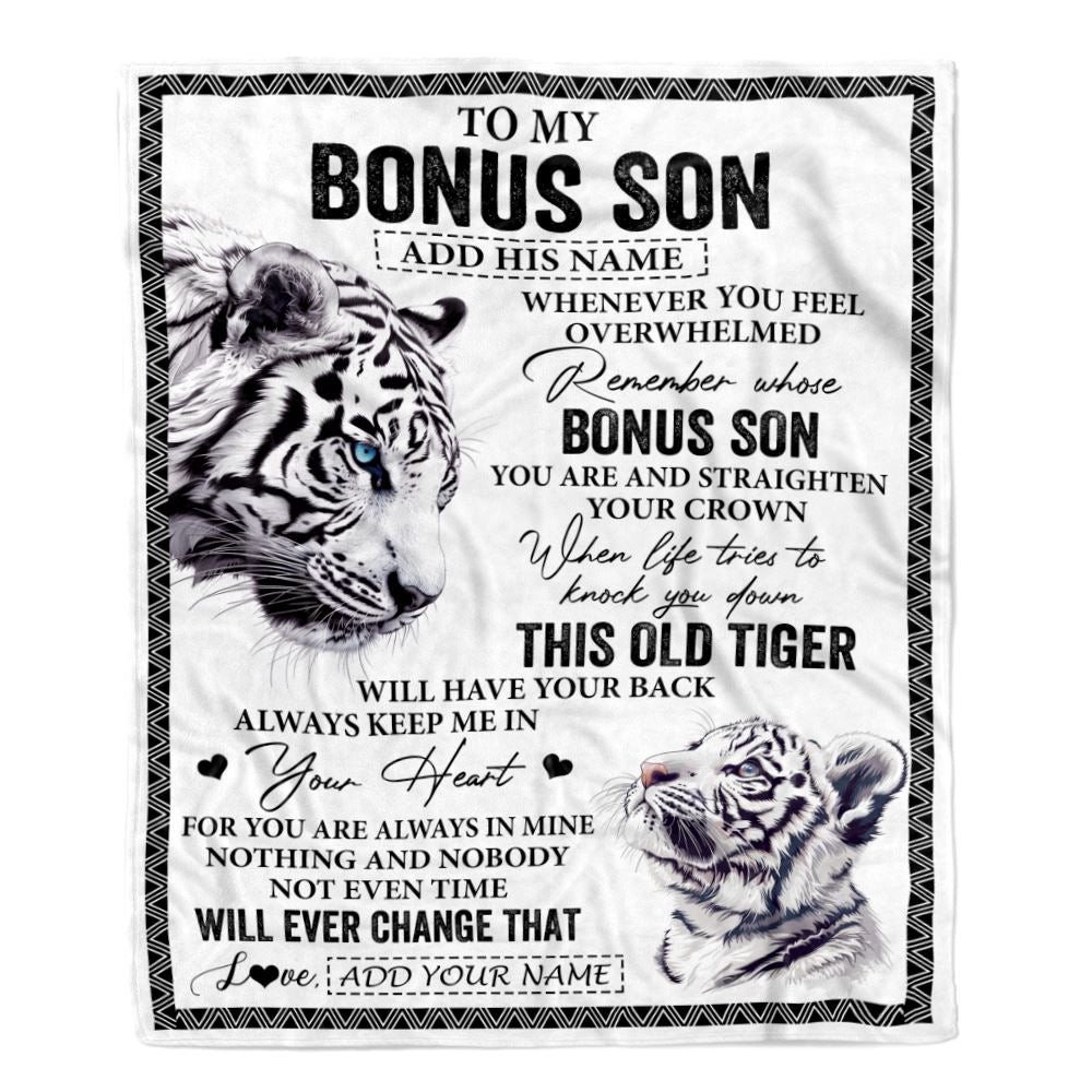 Personalized To My Bonus Son Gifts Blanket From Stepmom Stepdad Whenever White Tiger Unique Birthday Gifts For Stepson Graduation Christmas Fleece Blanket
